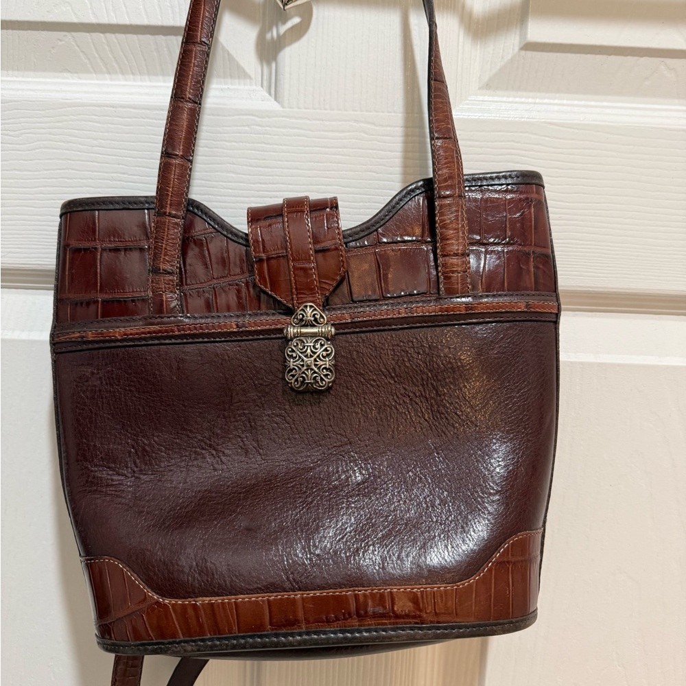 Brighton Brown Croc-Trim Leather Tote with Decorative Clasp